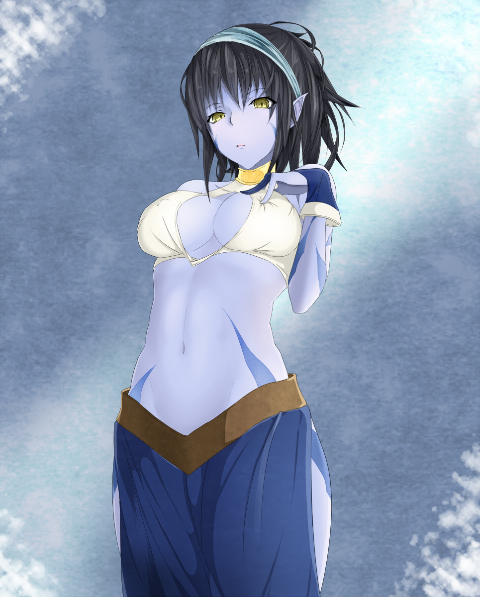 00s 1girl bad_id bad_pixiv_id black_hair blue_background blue_dress blue_skin blue_theme celsius_(tales) choker cleavage_cutout clothing_cutout colored_skin dress expressionless female_focus gloves hairband highres milaria navel pointy_ears short_hair solo tales_of_(series) tales_of_symphonia yellow_eyes