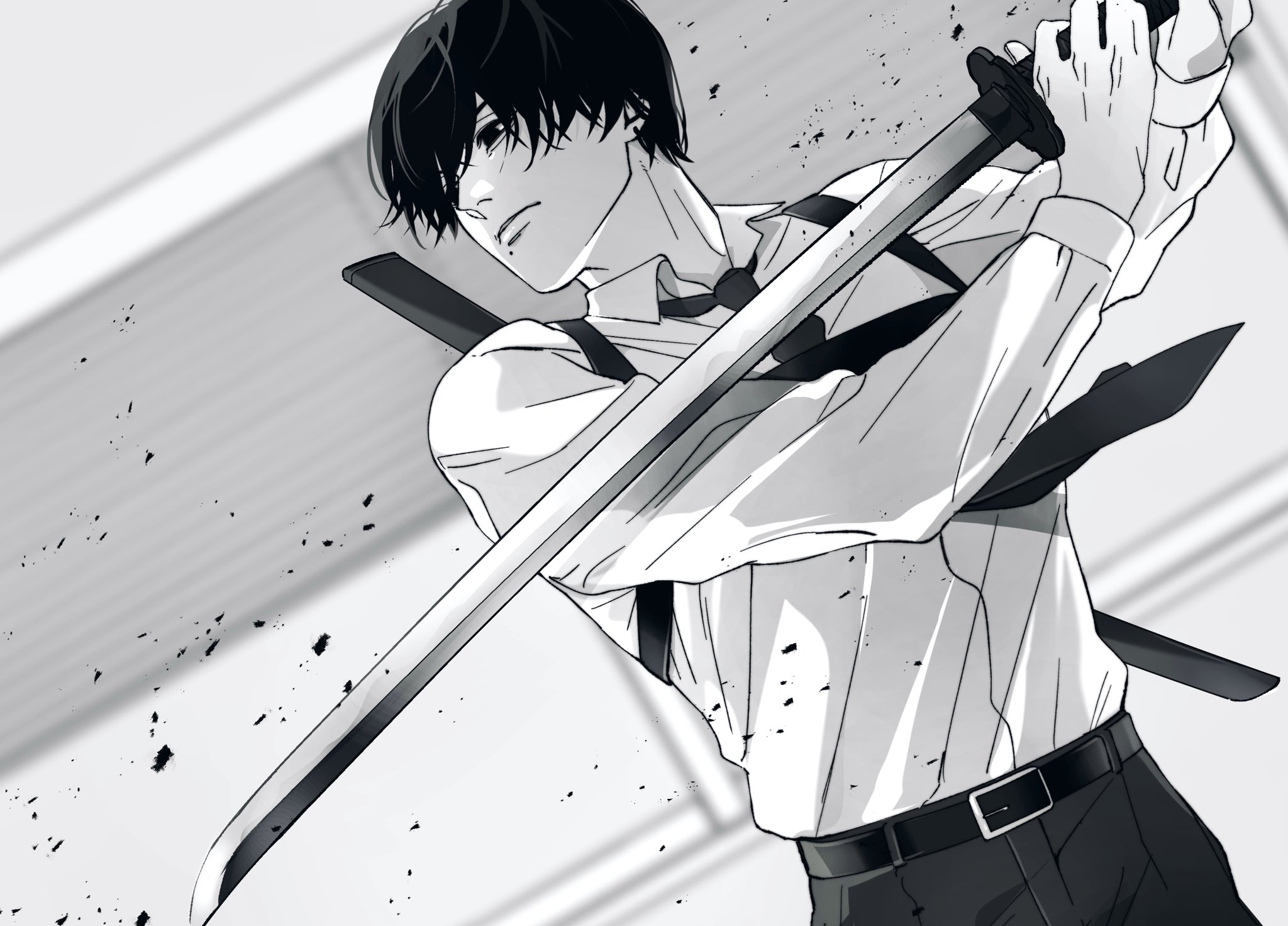 1boy belt chainsaw_man collared_shirt commentary_request cowboy_shot dutch_angle greyscale highres holding holding_sword holding_weapon long_sleeves male_focus mole mole_under_mouth monochrome pants parted_lips shirt siraco_(sira5_3) solo sword teeth weapon yoshida_hirofumi