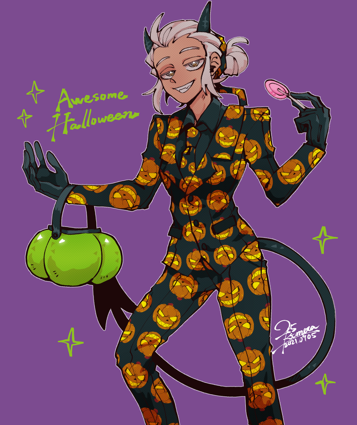 1girl 25_kimera alternate_costume black_gloves black_horns black_jacket black_necktie black_pants black_shirt black_suit blind candy collared_shirt commentary_request dated demon_girl demon_tail english_text food formal_clothes gloves grey_eyes hair_bun halloween halloween_bucket helltaker highres holding holding_candy holding_food holding_lollipop horns jack-o'-lantern_print jacket justice_(helltaker) lollipop necktie no_eyewear outline pants print_jacket print_necktie print_pants purple_background sharp_teeth shirt signature smile solo sparkle standing suit tail teeth white_hair white_outline