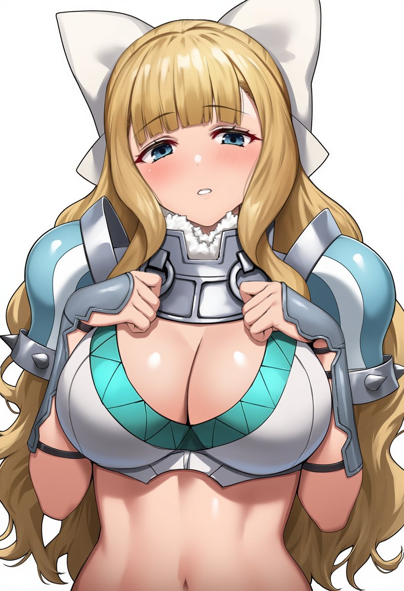 1girl armor bikini_armor blonde_hair blue_eyes blush bow breast_pile breasts charlotte_(fire_emblem) cleavage fire_emblem fire_emblem_fates hair_bow hands_on_own_chest highres large_breasts long_hair looking_at_viewer nintendo parted_lips pauldrons pyo_3300 shoulder_armor solo teeth toned upper_body wavy_hair white_background white_bow