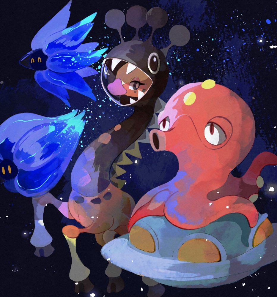 animal_focus black_eyes bright_pupils closed_eyes commentary eyelashes farigiraf floating full_body gen_2_pokemon giraffe glimmora helmet li04r looking_to_the_side night night_sky nintendo no_humans no_mouth octillery octopus pokemon pokemon_(creature) red_eyes sky space space_helmet sparkle surreal tentacles ufo yellow_eyes