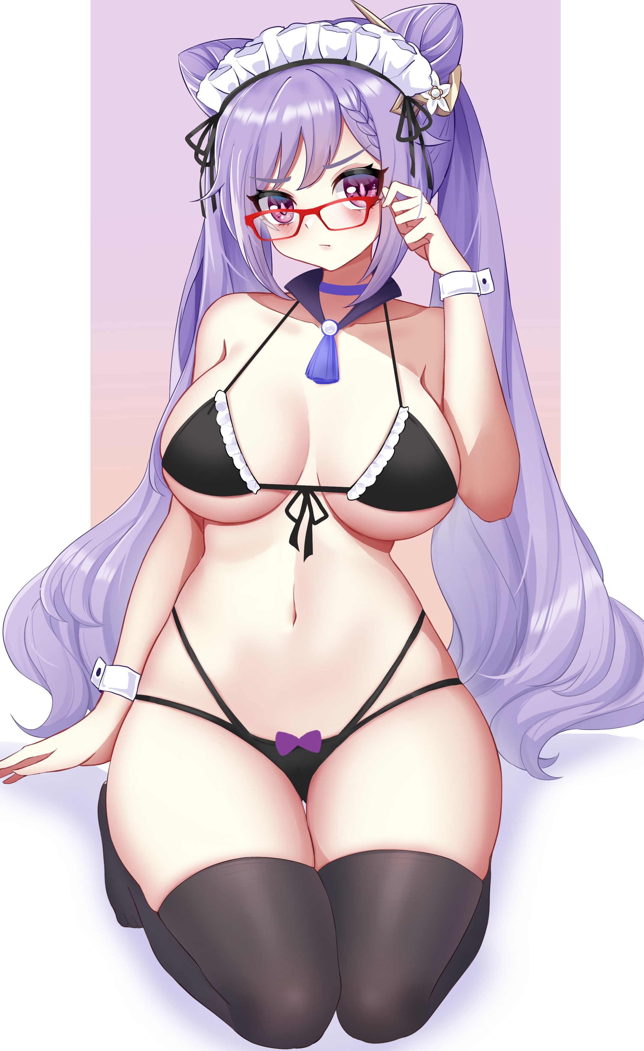 1girl absurdres bare_arms bare_shoulders bespectacled black_bra black_panties black_thighhighs bow bow_panties bra choker commentary_request cone_hair_bun ff2074 genshin_impact glasses hair_bun hand_up highres keqing_(genshin_impact) long_hair maid_headdress navel panties purple_choker purple_eyes purple_hair red-framed_eyewear seiza sitting solo stomach thighhighs thighs twintails underwear underwear_only very_long_hair wrist_cuffs