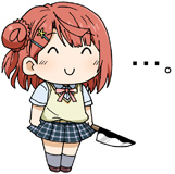 ... 1girl ^_^ arms_at_sides bad_source blue_skirt chibi chibi_only closed_eyes closed_mouth collared_shirt commentary_request full_body grey_socks hair_bun hair_ornament hairclip holding holding_knife kneehighs knife love_live! love_live!_nijigasaki_high_school_idol_club lowres maso_(ascii_art) miniskirt neck_ribbon nijigasaki_school_uniform no_nose pink_ribbon red_hair red_shoes ribbon school_uniform shirt shoes short_hair short_sleeves simple_background single_side_bun skirt smile socks solo sweater_vest uehara_ayumu white_background white_shirt yellow_sweater_vest