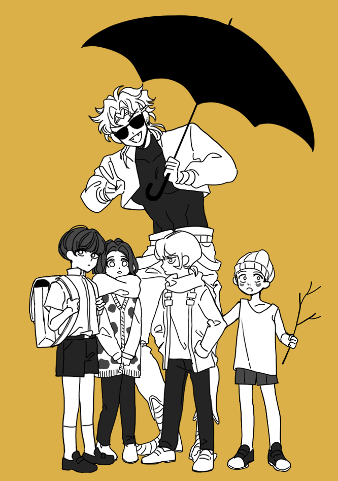 5boys aged_down animal_print beanie brothers child cow_print cropped_jacket dio_brando donatello_versus family fangs father_and_son giorno_giovanna hat jojo_no_kimyou_na_bouken multiple_boys rikiel scarf sempon_(doppio_note) shorts siblings sideburns stone_ocean sunglasses umbrella ungaro vampire
