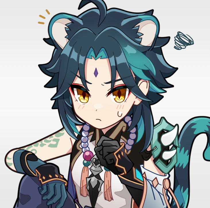 1boy ahoge animal_ears aqua_hair arm_tattoo bishounen clenched_hand commentary deformed detached_sleeves diamond-shaped_pupils diamond_(shape) diamond_facial_mark eyeliner facial_mark forehead_mark frown genshin_impact gloves hand_on_own_knee hand_up kemonomimi_mode knee_up light_blush looking_at_viewer makeup male_focus mojuke multicolored_hair notice_lines red_eyeliner shirt sidelocks single_bare_arm single_detached_sleeve sitting solo squiggle streaked_hair striped_tail sweatdrop symbol-shaped_pupils tail tattoo tiger_boy tiger_ears tiger_tail upper_body v-shaped_eyebrows white_shirt xiao_(genshin_impact)