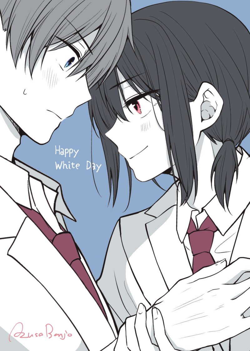 2boys artist_name banjou_azusa black_hair blue_background blue_eyes crossdressing hair_between_eyes holding_another&#039;s_wrist jacket koisuru_(otome)_no_tsukurikata limited_palette long_sleeves male_focus midou_kenshirou hiura_mihate multiple_boys necktie pink_eyes red_necktie shirt short_hair smile trap white_day