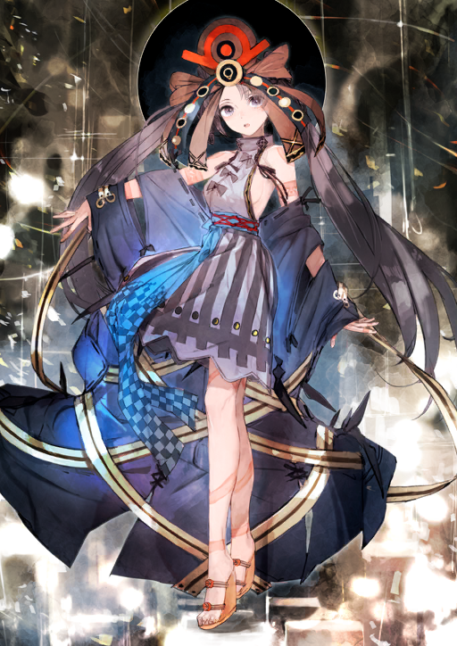 1girl :o arm_at_side arm_tattoo backless_dress backless_outfit bare_shoulders blue_sash blue_sleeves blush breasts brown_hair brown_sandals collared_dress detached_sleeves dress fate/grand_order fate_(series) finger_tattoo full_body game_cg grey_eyes halterneck hand_up head_tilt headdress high_collar high_heel_sandals iyo_(fate) japanese_clothes leg_tattoo long_hair long_sleeves looking_at_viewer medium_breasts official_art open_mouth outstretched_arm sandals sash short_dress shoulder_tattoo sideboob sideless_dress sleeveless sleeveless_dress solo standing tattoo third-party_source toes toi8 twintails variant_set very_long_hair waist_sash white_dress wide_sleeves