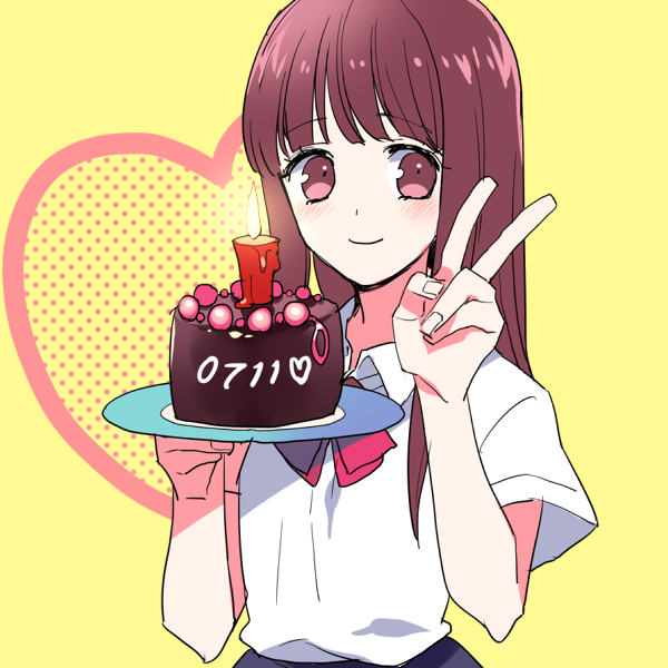 1girl brown_eyes cake food gum_(gmng) happy_birthday heart heart_background long_hair sayono-kun school_uniform seitokaichou_to_sayono-kun v
