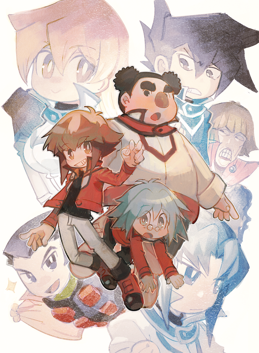 1girl 6+boys aoki_(fumomo) aqua_hair big_nose black_hair black_shirt blonde_hair blue_coat breasts brown_hair chibi clenched_teeth closed_mouth coat cronos_de_medici duel_academy_uniform_(yu-gi-oh!_gx) glasses grin hair_between_eyes high_collar highres jacket johan_andersen long_sleeves maeda_hayato manjoume_jun marufuji_sho misawa_daichi multiple_boys open_mouth pants red_jacket shirt smile sparkle spiked_hair teeth tenjouin_asuka white_pants yu-gi-oh! yu-gi-oh!_gx yuki_judai