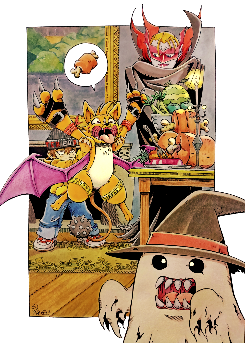 2boys :| apple arms_up bakemon bakemon_(cosplay) bat_wings beanie belt black_belt black_cape black_cloak black_eyes black_hat blonde_hair boned_meat brown_hair candelabra candle candlestand cape carpet carrot claws cloak closed_mouth colored_skin commission cosplay demon_wings denim digimoji digimon digimon_(creature) digimon_world eye_mask fangs fangs_out fireplace food fork fruit ghost green_apple grey_skin hair_slicked_back half-closed_eyes halloween hands_up hat high_collar highres holding_digimon hood hoodie indoors jeans light_frown looking_at_another looking_at_viewer looking_down mameo_(digimon) meat melon multiple_boys open_mouth orange_fur painting_(medium) painting_(object) pants pointy_ears popped_collar purple_wings red_cape red_lips red_mask sharp_teeth short_hair smile solid_circle_eyes soulmon speech_bubble spike_ball spiked_tail spoken_food steak table tail taragraphika teeth tongue tongue_out traditional_media two-sided_cape two-sided_fabric vamdemon vampire watercolor_(medium) watermelon wings witch_hat wooden_floor yellow_hoodie