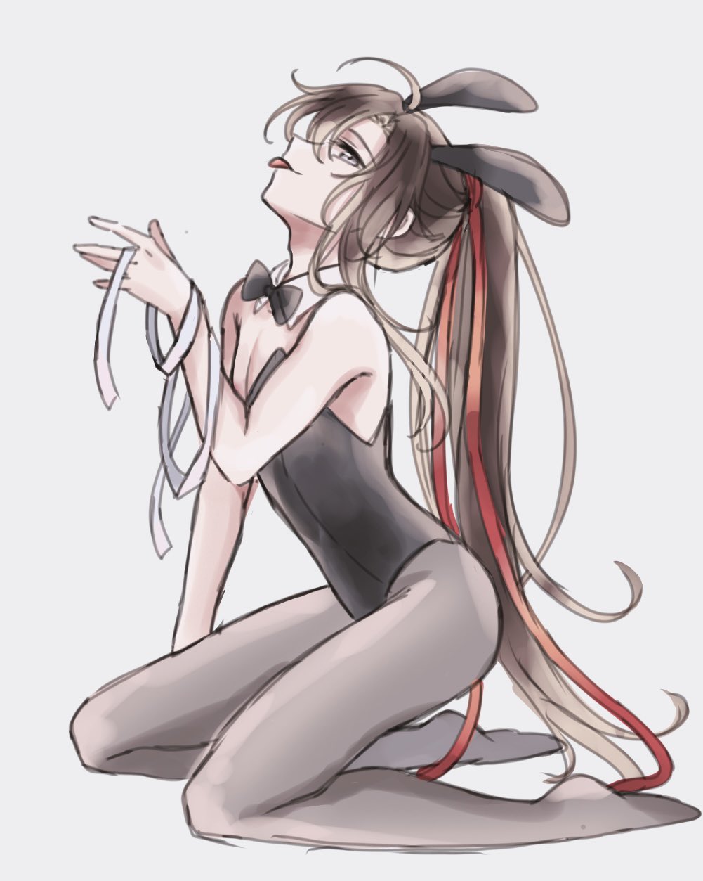 1boy ahoge alternate_costume androgynous animal_ears black_bow black_bowtie black_hair black_leotard bow bowtie brown_hair crossdressing crossdressing_(mtf) detached_collar fake_animal_ears full_body grey_eyes grey_pantyhose hair_ribbon highres holding holding_ribbon implied_yaoi kneeling leotard long_hair looking_at_viewer male_focus male_playboy_bunny modao_zushi pantyhose pectoral_cleavage pectorals playboy_bunny ponytail profile rabbit_ears red_ribbon ribbon semiusa1010 sidelocks simple_background smile solo tongue tongue_out trap very_long_hair wei_wuxian white_background white_ribbon