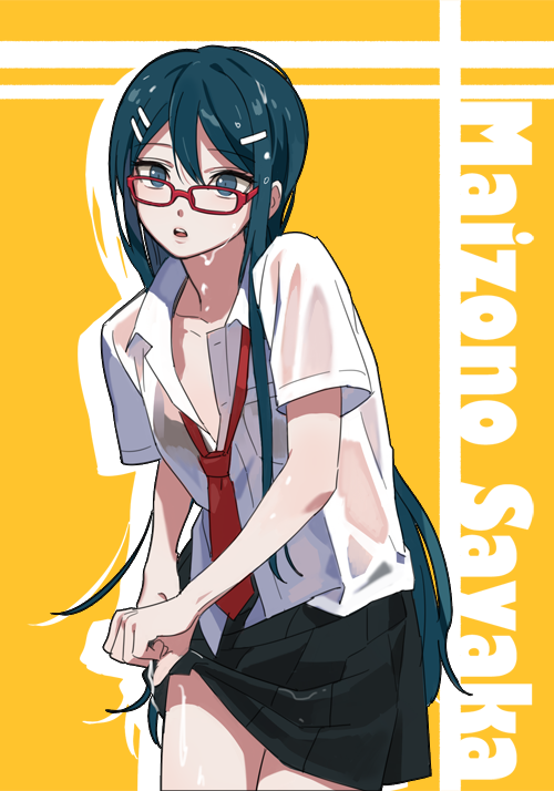 1girl alternate_costume bespectacled black_skirt blue_eyes blue_hair character_name collared_shirt commentary_request cowboy_shot danganronpa:_trigger_happy_havoc danganronpa_(series) dg_xhs drop_shadow glasses hair_ornament hairclip korean_commentary long_hair looking_at_viewer loose_necktie maizono_sayaka necktie open_mouth pleated_skirt red-framed_eyewear see-through_clothes see-through_shirt shirt skirt solo standing wet wet_clothes wet_shirt white_shirt wringing_clothes wringing_skirt yellow_background