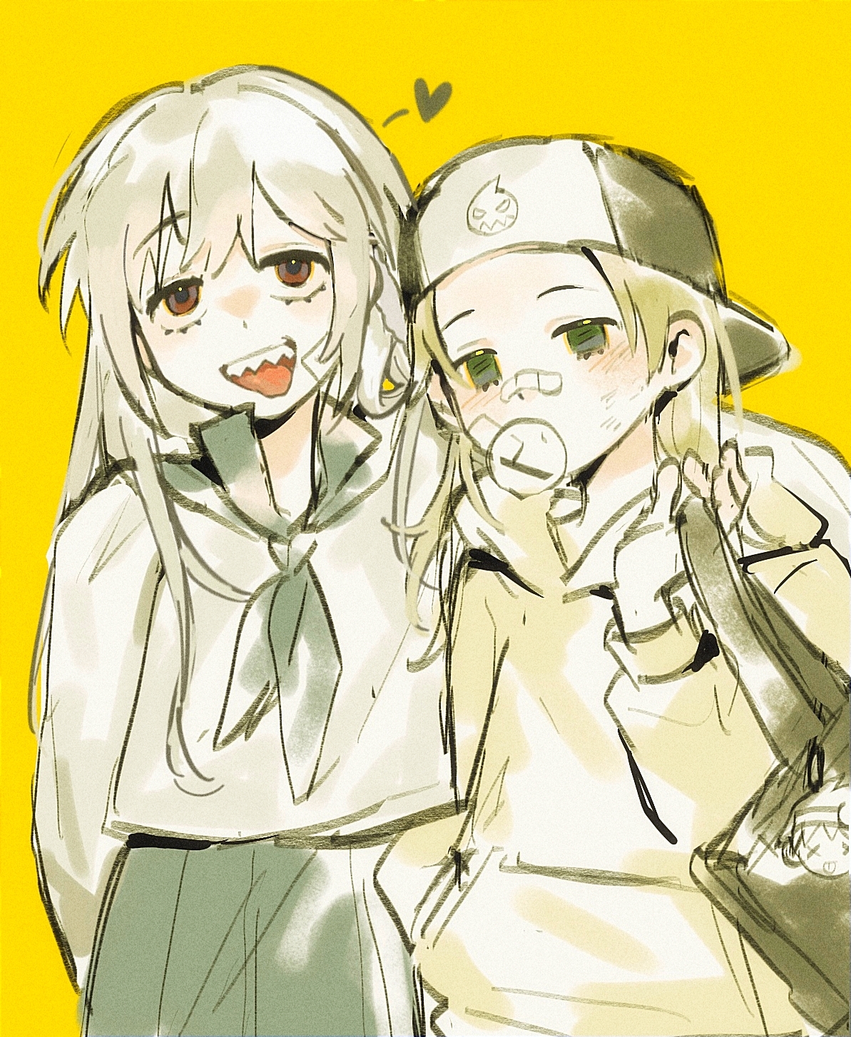 2girls backwards_hat bag bandage_on_cheek bandaid bandaid_on_face bandaid_on_nose black_neckerchief black_skirt blonde_hair blowing_bubbles character_charm charm_(object) chinese_commentary commentary_request eyelashes film_grain genderswap genderswap_(mtf) green_eyes hat heart highres holding holding_bag hood hood_down hoodie long_hair maka_albarn multiple_girls neckerchief open_mouth pale_skin pleated_skirt red_eyes rice_(somasuki_77) school_uniform serafuku sharp_teeth shirt simple_background sketch skirt smile soul_eater soul_evans spoken_heart teeth white_hair white_hat white_hoodie white_shirt yellow_background