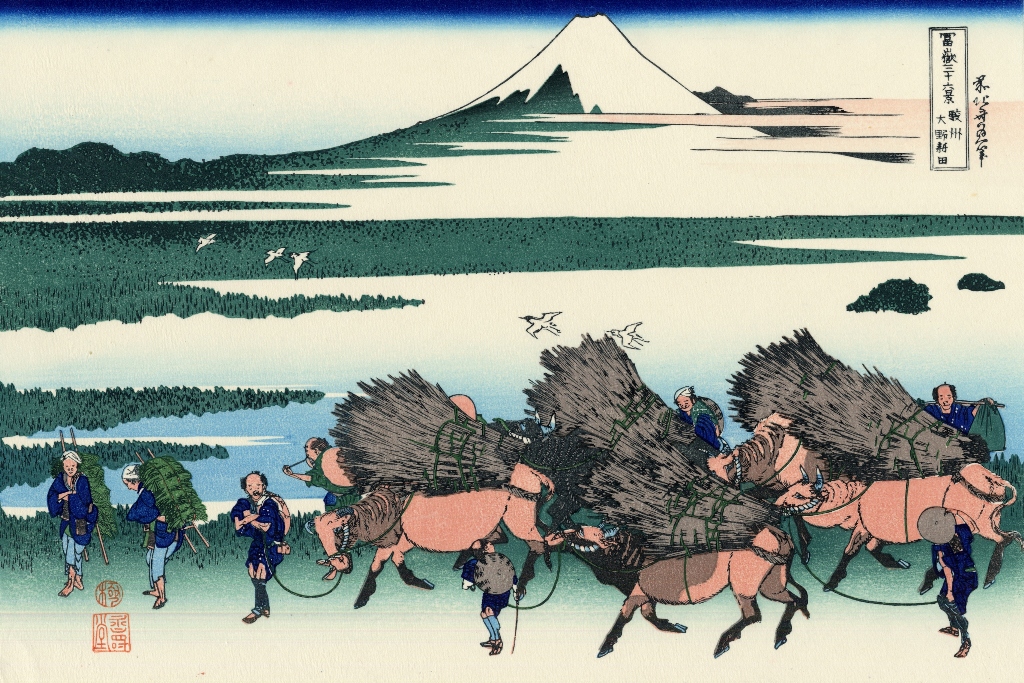 19th_century 2girls 6+boys bald barefoot bird black_hair blue_sky cloud facing_away facing_viewer field fine_art_parody gradient_sky grass hat hokusai japan japanese_clothes japanese_text kimono lake landscape mount_fuji mountain multiple_boys multiple_girls nihonga original outdoors oxen parody sandals scenery sky straw_hat thirty-six_views_of_mount_fuji traditional_media ukiyo-e volcano