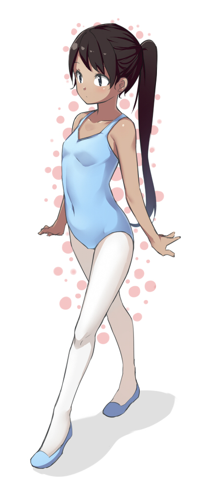 1girl bare_arms bare_shoulders black_eyes black_hair blue_leotard blue_shoes breasts closed_mouth collarbone commentary_request covered_navel dark-skinned_female dark_skin dot_mouth full_body leotard long_hair looking_away original pantyhose ponytail saiste shoes simple_background small_breasts solo white_background white_pantyhose