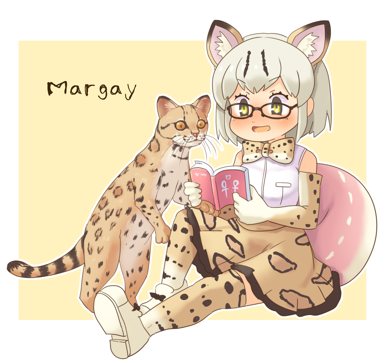 10s 1girl :d animal animal_ears animal_print bad_id bad_pixiv_id cat_ears character_name creature_and_personification female_focus glasses heart high-waist_skirt highres kemono_friends margay margay_(kemono_friends) open_mouth personification pozesuke reading short_hair sitting skirt smile solo tail thighhighs yellow_eyes