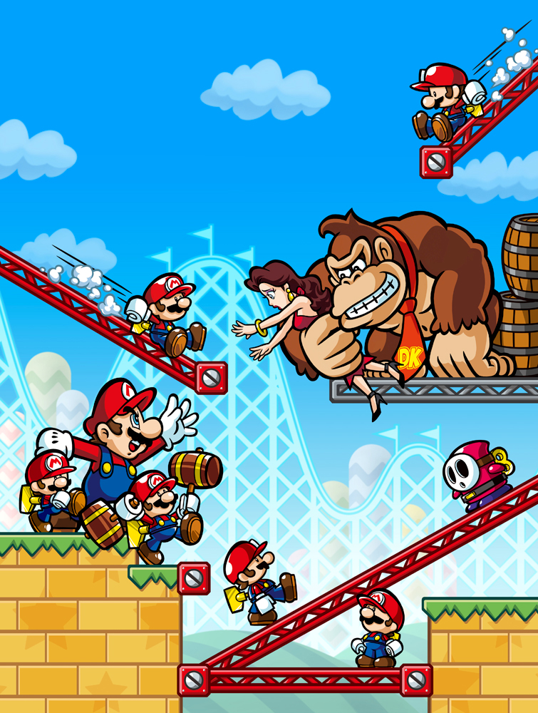 donkey_kong donkey_kong_(series) hammer mario mario_(series) mario_vs._donkey_kong mario_vs._donkey_kong:_mini-land_mayhem! mini_mario mini_shy_guy nintendo official_art pauline_(mario) roller_coaster