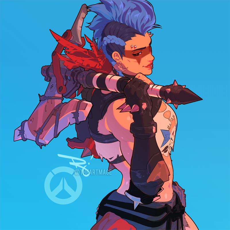 1girl axe blue_background blue_hair breasts detached_sleeves earrings face_piercing facial_mark feathers gloves holding holding_weapon jewelry junker_queen_(overwatch) lip_piercing medium_breasts muscular muscular_female overwatch piercing red_eyes spiked_knuckles the_art_mage weapon