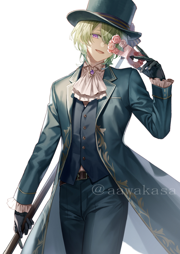 1boy :d ascot belt belt_buckle black_gloves black_hat black_pants black_vest blue_jacket brooch brown_belt buckle collared_shirt commentary_request flower frilled_sleeves frills gloves green_hair hair_between_eyes hand_up hat holding jacket jewelry long_sleeves male_focus one_eye_covered open_clothes open_jacket open_mouth original pants pink_flower pink_rose purple_eyes rose ryuuki_(hydrangea) shirt simple_background sleeves_past_wrists smile solo twitter_username vest white_ascot white_background white_flower white_rose white_shirt