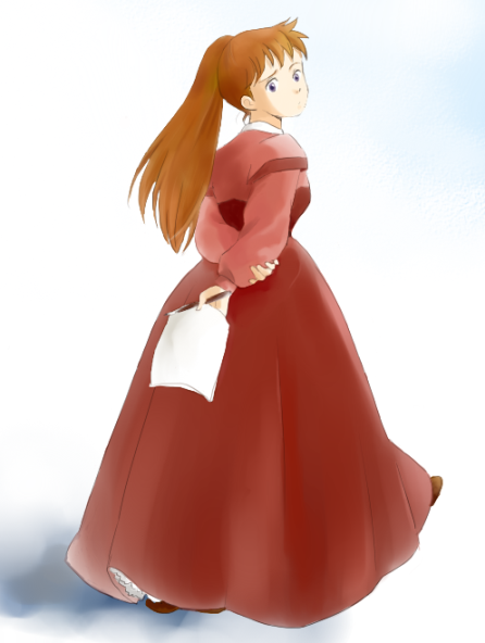 1980s_(style) 1girl ai_no_wakakusa_monogatari arms_behind_back brown_hair dress female_focus josephine_march long_skirt looking_back natsu_miton nippon_animation oldschool paper ponytail retro_artstyle skirt solo world_masterpiece_theater