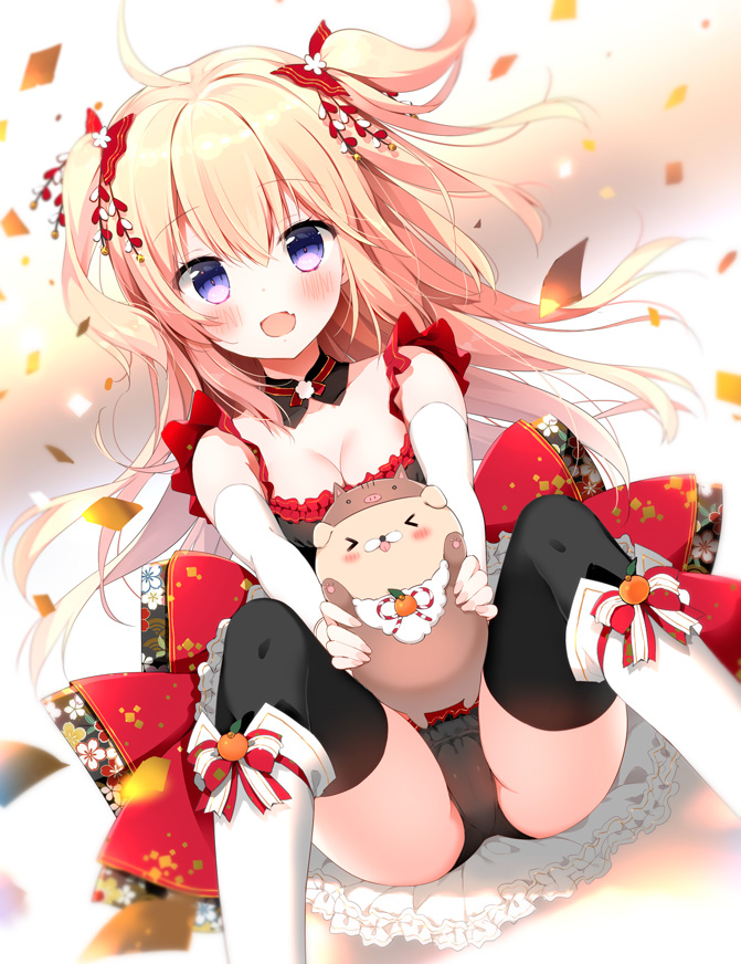 1girl :d animal bare_shoulders black_panties black_thighhighs blonde_hair blush boots bow breasts cleavage collarbone commentary_request detached_sleeves dog fang female_focus fingernails hair_between_eyes hair_bow holding holding_animal knee_boots long_hair long_sleeves medium_breasts open_mouth original outstretched_arms panties purple_eyes red_bow sitting smile solo thighhighs thighhighs_under_boots two_side_up underwear very_long_hair white_boots white_sleeves yadapot