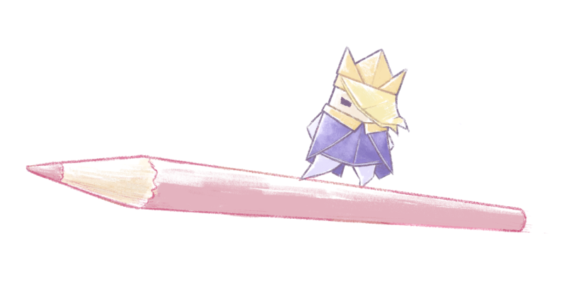 1boy black_eyes blonde_hair colored_pencil colored_pencils_(paper_mario) commentary_request crown dama8457 floating_hair hair_over_one_eye king_olly male_focus mario_(series) nintendo origami oversized_object paper_mario paper_mario:_the_origami_king pencil purple_shirt riding shirt short_hair simple_background solid_eyes standing white_background yellow_crown