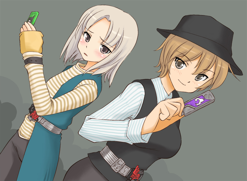 2girls belt blush brave_witches cosplay dutch_angle edytha_rossmann frown gaia_memory hat hidari_shoutarou hidari_shoutarou_(cosplay) kamen_rider kamen_rider_w miritsu mirutsu_(milts) mt.somo multiple_girls philip philip_(cosplay) philip_(kamen_rider) philip_(kamen_rider)_(cosplay) shirt short_hair silver_hair strike_witches striped_clothes striped_shirt waltrud_krupinski world_witches_series