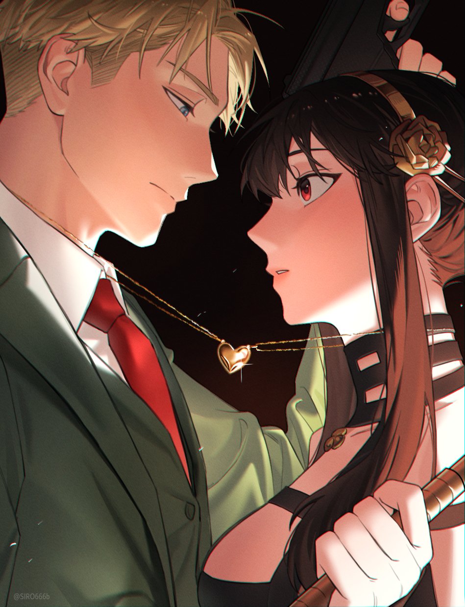 1boy 1girl black_hair blonde_hair blush breasts earrings flower_hairband gold_earrings hairband hetero highres husband_and_wife jacket jewelry long_hair long_sleeves open_mouth red_eyes shirt short_hair sidelocks siro666b smile spy_x_family twilight_(spy_x_family) yor_briar