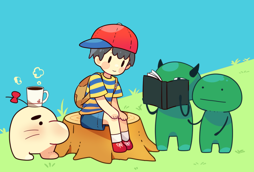 0mzum1 1boy 2others :| backpack bag baseball_cap black_eyes black_hair blue_background blue_shirt blue_shorts blush book bow brown_bag character_request closed_mouth coffee coffee_mug commentary_request cup cup_on_head doseisan expressionless grass hair_between_eyes hat holding holding_book horns mother_(series) mother_2 mug multiple_others ness_(mother_2) nintendo open_book red_bow red_footwear red_headwear shirt shoes short_hair short_sleeves shorts sideways_hat simple_background sitting on_tree_stump smile socks solid_circle_eyes solid_oval_eyes steam striped_clothes striped_shirt t-shirt tenda_(mother) thick_eyebrows tree_stump two-tone_shirt whiskers white_socks yellow_shirt