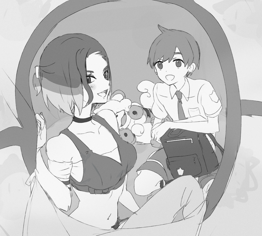1boy 1girl :d bag breast_pocket choker collarbone collared_shirt commentary_request cowlick florian_(pokemon) greyscale hand_up hisuian_growlithe midriff monochrome mxkjxm_(nhss2337) navel necktie nintendo off-shoulder_shirt off_shoulder open_mouth pants perrin_(pokemon) pocket pokemon pokemon_(creature) pokemon_sv school_uniform shirt short_hair short_sleeves shorts smile tent tongue vest