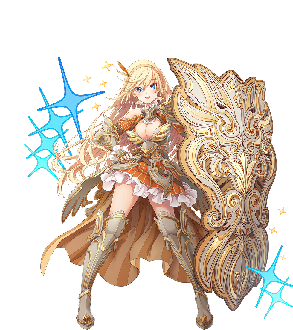 1girl artist_request bad_source blonde_hair blue_eyes breasts cleavage four-pointed_star full_body game_cg hand_on_own_hip headband holding holding_shield long_hair official_art open_mouth sennen_sensou_aigis shield skirt solo therese_(sennen_sensou_aigis) third-party_source transparent_background