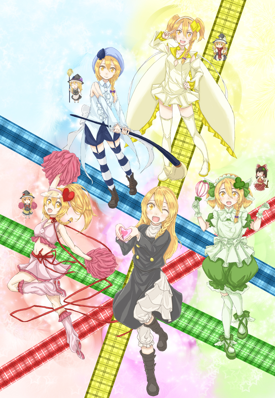 5girls amulet_clover amulet_clover_(cosplay) amulet_dia amulet_dia_(cosplay) amulet_heart amulet_heart_(cosplay) amulet_spade amulet_spade_(cosplay) ascot beret black_coat black_footwear black_headwear blonde_hair blouse blue_legwear blush boots bow braid breasts brown_footwear brown_hair cape cheerleader chibi clothing_cutout club_hair_ornament coat collared_shirt commentary_request cookie_(touhou) cosplay diamond_hair_ornament dress full_body garter_straps green_dress haiperion_buzan hair_between_eyes hair_bow hair_ornament hakurei_reimu hat heart heart_hair_ornament heart_hands highres kanna_(cookie) kirisame_marisa leg_warmers long_hair long_sleeves looking_at_viewer mars_(cookie) medium_breasts multiple_girls one_eye_closed open_mouth pink_leg_warmers pink_skirt pink_sports_bra pom_pom_(cheerleading) ponytail purple_bow rei_(cookie) shirt shoes shoulder_cutout shugo_chara! side_braid single_braid skirt sleeveless sleeveless_shirt smile spade_hair_ornament sports_bra striped_clothes striped_legwear striped_thighhighs thighhighs touhou two_side_up uzuki_(cookie) visor_cap white_dress white_legwear white_shirt witch_hat yellow_ascot yellow_eyes