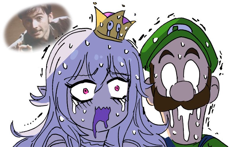1girl 2boys commentary crying crying_with_eyes_open david_tennant doctor_who horrified luigi luigi&#039;s_mansion mario_(series) multiple_boys nervous_sweating nintendo princess_king_boo scared simple_background streaming_tears super_crown sweat tears tenth_doctor tenth_doctor_(doctor_who) the_doctor_(doctor_who) trembling wootsang