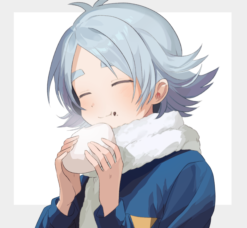 1boy arms_up blush chewing closed_eyes commentary_request dot_nose ebi_(shrimp_eleven) food food_on_face fubuki_shirou grey_hair hair_behind_ear holding holding_food inazuma_eleven inazuma_eleven_(series) jacket long_sleeves male_focus parted_hair scarf simple_background smile solo thick_eyebrows upper_body white_background white_scarf