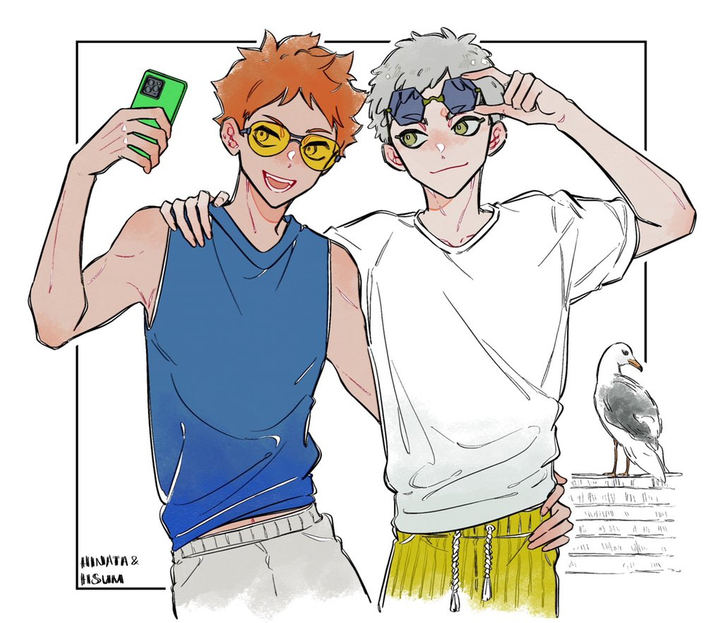 2boys animal arm_around_shoulder arm_around_waist arm_up bare_shoulders bird blue-tinted_eyewear blue_shirt cellphone closed_mouth coco_(238243) commentary_request crew_neck cropped_legs drawstring grey_hair haikyuu!! hinata_shouyou holding holding_phone hoshiumi_kourai iphone looking_to_the_side male_focus multiple_boys open_mouth orange_hair pants parted_bangs phone seagull shirt short_sleeves sideways_glance sleeveless sleeveless_shirt smartphone smile sunglasses teeth tinted_eyewear white_pants white_shirt yellow-tinted_eyewear yellow_eyes yellow_pants