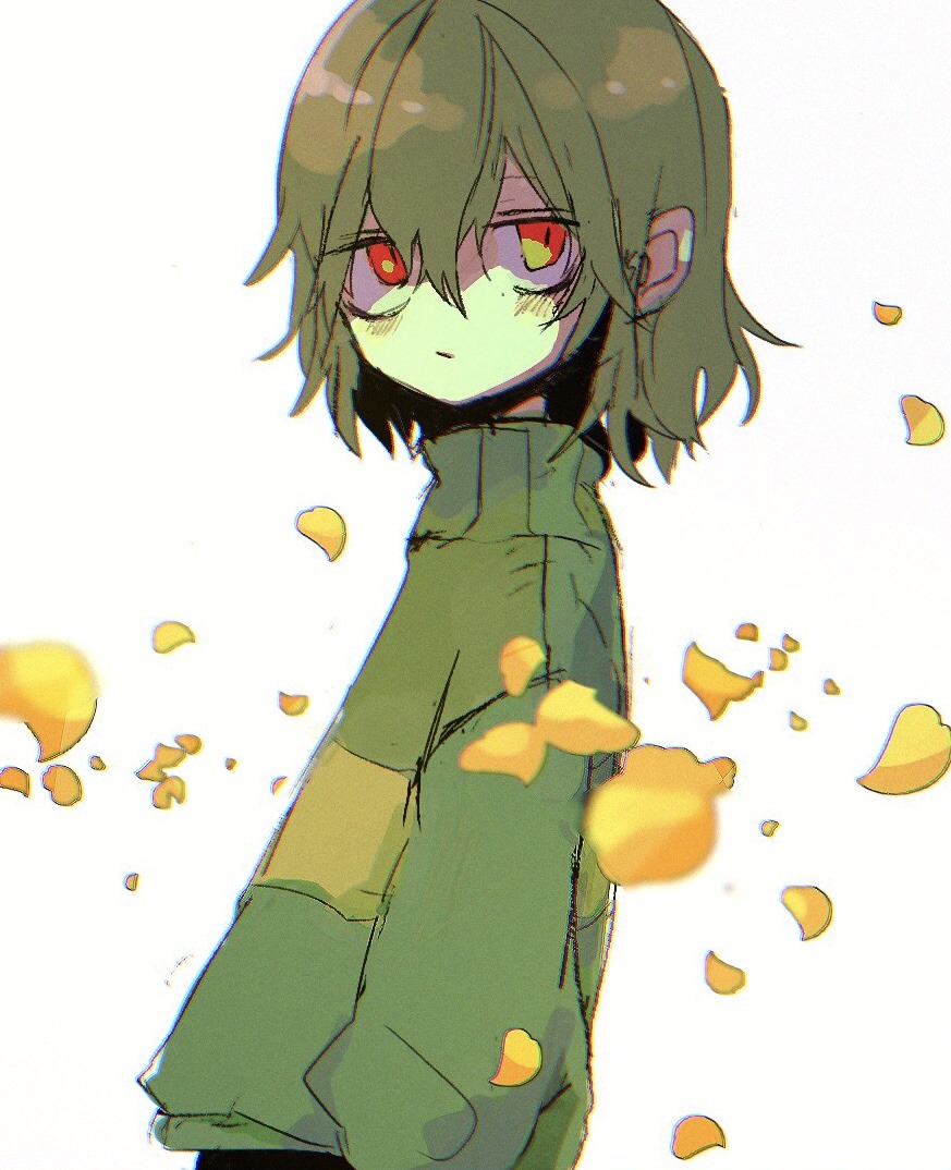 1other androgynous blush brown_hair chara_(undertale) closed_mouth green_sweater looking_to_the_side petals red_eyes shirt soumenhiyamugi striped_clothes striped_shirt striped_sweater sweater two-tone_sweater undertale white_background