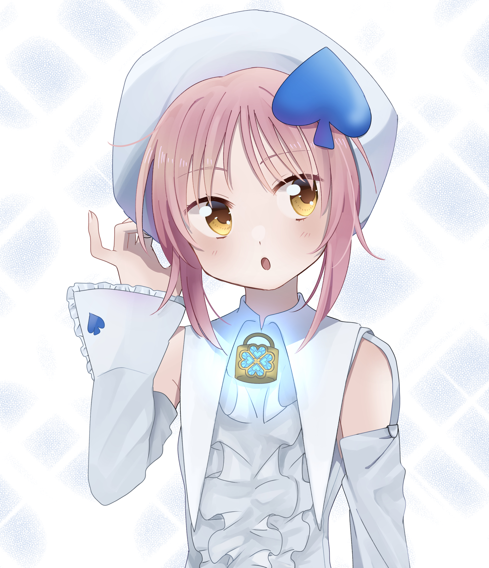 1girl amulet_spade blue_headwear blue_shirt blush detached_sleeves facing_viewer hair_ornament highres hinamori_amu humpty_lock_(shugo_chara!) blue_background long_sleeves looking_to_the_side multicolored_background open_mouth orange_eyes pink_hair shirt short_hair shugo_chara! solo spade_hair_ornament suteneko_gohan white_background