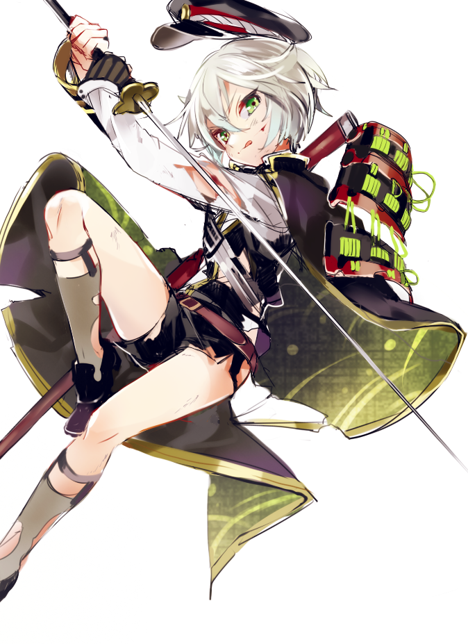 10s 1boy :q armor cape green_eyes grey_socks hat hotarumaru injury japanese_armor kneehighs legwear_garter male_focus masyu_yuyu ootachi personification shirt shorts shoulder_armor simple_background socks sode solo sword tongue tongue_out torn_clothes torn_legwear torn_shirt torn_socks touken_ranbu weapon white_hair
