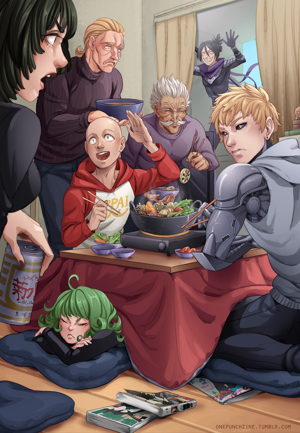 2girls 5boys against_glass ahoge artist_name artist_request bald bang_(one-punch_man) beer_can black_hair black_sclera blonde_hair blush book can character_request chopsticks closed_eyes colored_sclera cyborg drink_can evil_smile facial_hair food fubuki_(one-punch_man) genos green_hair highres jacket king_(one_piece) kneeling kotatsu lettuce magazine_(object) mechanical_arms multiple_boys multiple_girls mustache ninja one-punch_man onsoku_no_sonic open_mouth pillow room saitama_(one-punch_man) salute scar scar_across_eye scar_on_face scarf short_hair smile table tatsumaki teeth window wooden_floor yellow_eyes