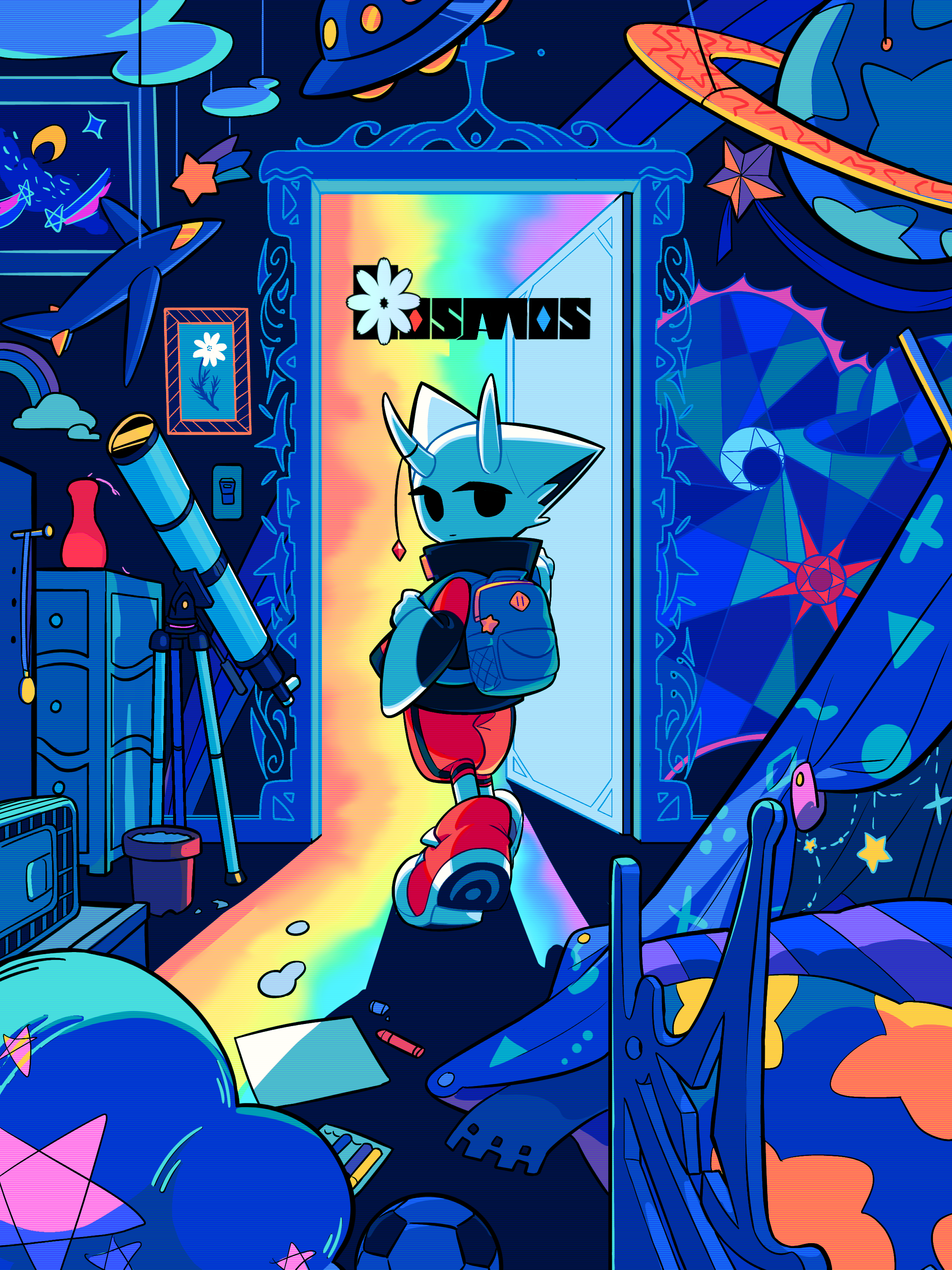 absurdres animal_ear_fluff animal_ears backpack bag ball bedroom crack_of_light crayon door doorway flying_saucer highres horns jitome kana_tera looking_at_viewer looking_back model_planet original painting_(object) paper red_footwear shade shoes soccer_ball sol_(kana_tera) spacecraft star_(symbol) telescope toy_airplane vase