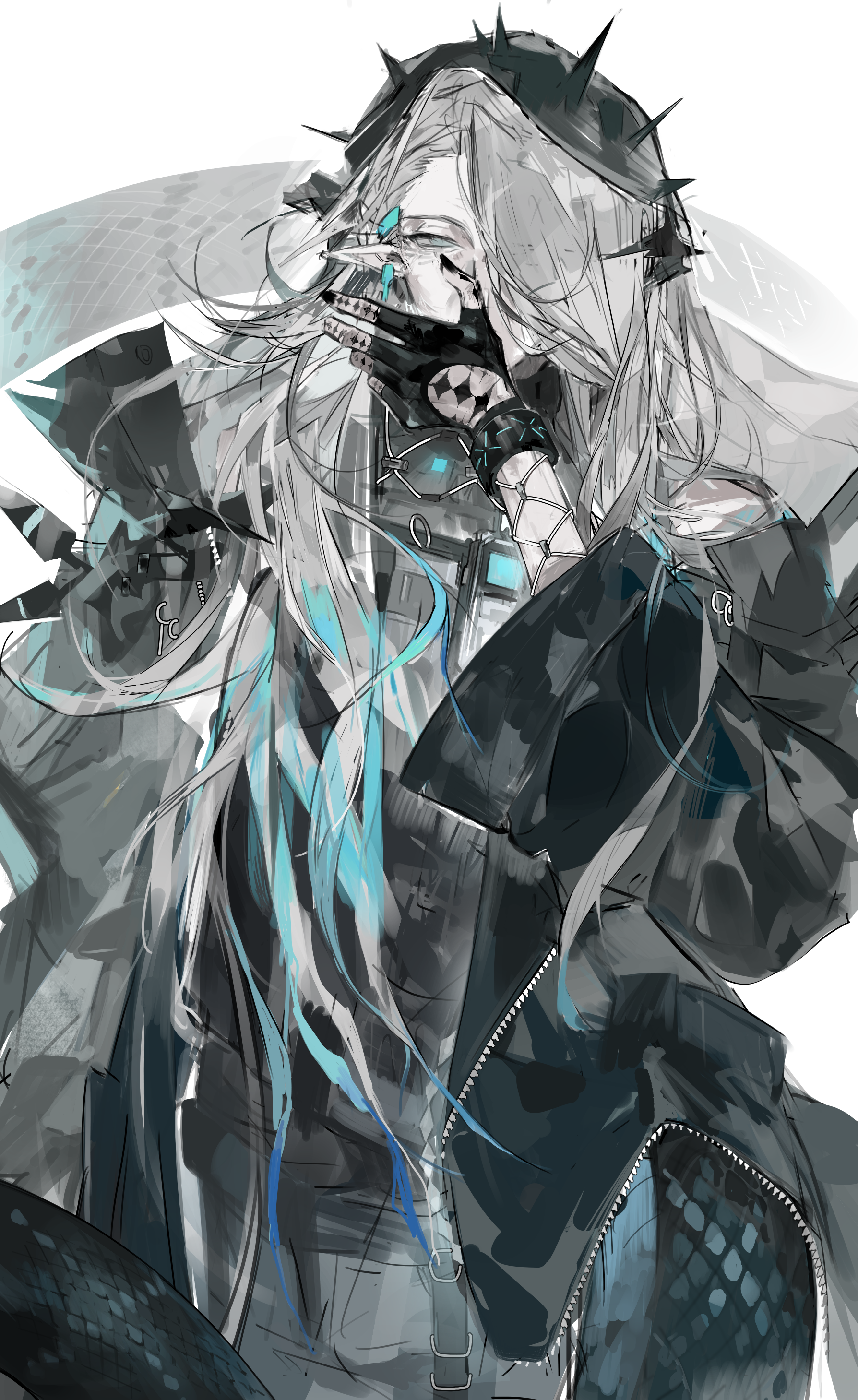 1girl absurdres aqua_eyes aqua_hair arknights grey_hair hair_over_one_eye highres looking_at_viewer mantra_(arknights) multicolored_hair old old_woman paopp9961 snake_girl solo two-tone_hair