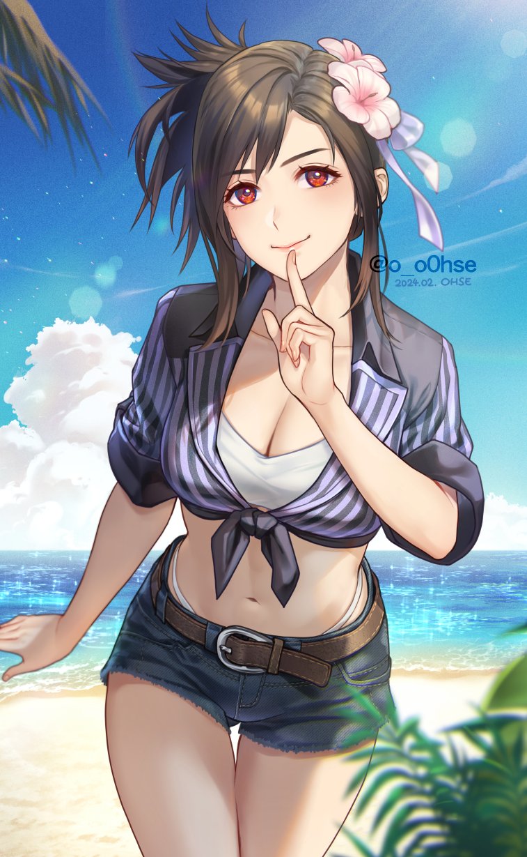 1girl artist_name beach belt bikini black_hair black_shorts blue_sky breasts brown_belt brown_eyes brown_hair cleavage crop_top denim denim_shorts final_fantasy final_fantasy_vii final_fantasy_vii_rebirth final_fantasy_vii_remake finger_to_mouth flower front-tie_top hair_flower hair_ornament highleg highleg_bikini highres leaning_forward navel ocean official_alternate_costume official_alternate_hairstyle ohse outdoors palm_tree panty_straps plant red_eyes sand short_shorts shorts shushing sky smile solo sparkle stomach swimsuit thong tifa_lockhart tifa_lockhart_(majestic_glamour) tree water