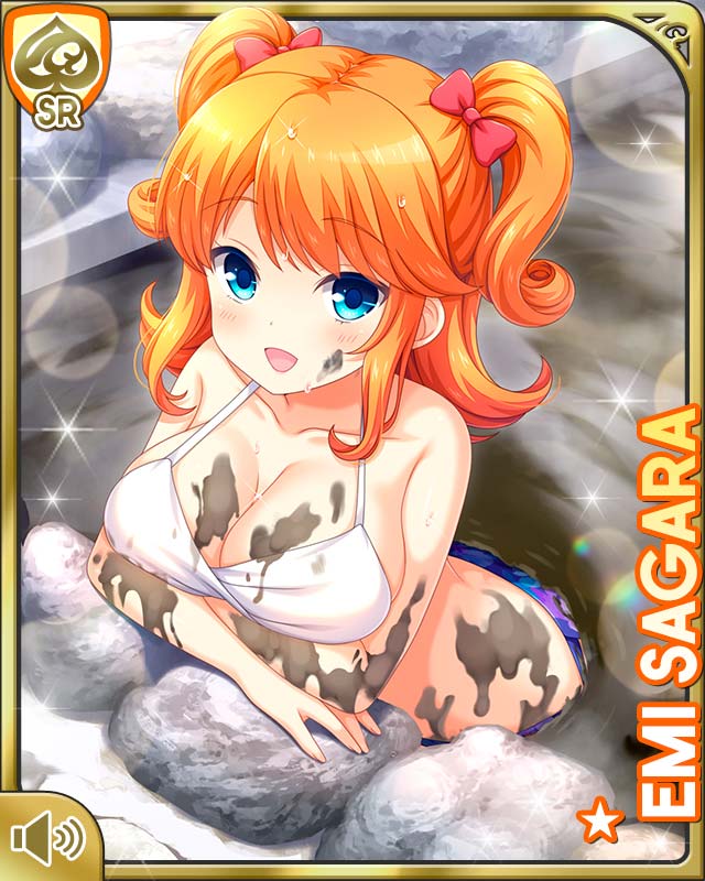 1girl ass barefoot bikini bikini_top_only blue_bikini blue_eyes breasts card_(medium) character_name cleavage girlfriend_(kari) indoors large_breasts mud_bath muddy navel official_art open_mouth orange_hair qp:flapper sagara_emi smile spa standing swimsuit tagme two_side_up