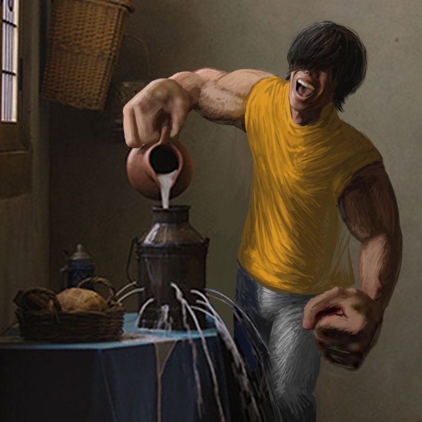 1boy basket black_hair bread food hair_over_eyes kick_back_(song) meme milk muscular muscular_male oversized_limbs pouring real_life saishijyou screaming shirt short_hair solo white_shirt yonezu_kenshi_(person)