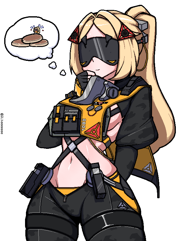 1girl arm_behind_back black_jacket black_mask black_sleeves blonde_hair breasts cowboy_shot fingerless_gloves food gloves hair_intakes hand_on_own_chin harness jacket ji_heeeeeee mask mihoyo navel pancake ponytail sideboob smile solo thinking trigger_(zenless_zone_zero) white_background zenless_zone_zero