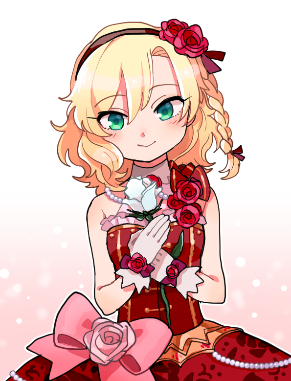 1girl blonde_hair bow braid dress eyelashes flower gloves green_eyes hair_flower hair_ornament hairband holding holding_flower idolmaster idolmaster_cinderella_girls kinakotatu long_hair looking_at_viewer pink_bow pink_flower pink_rose red_dress red_flower red_rose rose sakurai_momoka smile solo white_background white_flower white_gloves white_rose