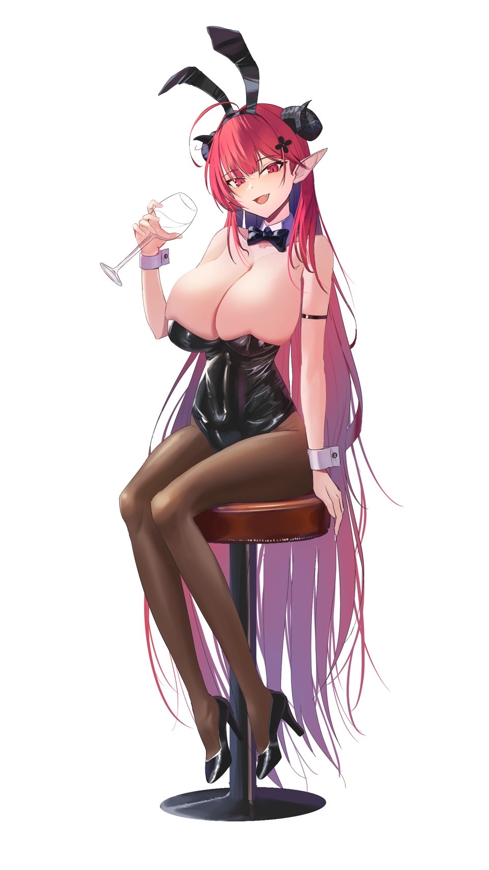 1girl animal_ear_hairband animal_ears arm_strap azur_lane bar_stool bare_shoulders black_bow black_bowtie black_horns black_leotard black_shoes bow bowtie breasts brown_pantyhose cleavage commentary cup curled_horns detached_collar fake_animal_ears fang full_body hairband high_heels highres hindenburg_(azur_lane) hindenburg_(delirious_duel)_(azur_lane) holding holding_cup horns huge_breasts leotard lom_(lom_lom_8) long_hair looking_at_viewer official_alternate_costume open_mouth pantyhose playboy_bunny pointy_ears rabbit_ear_hairband rabbit_ears red_eyes red_hair shoes simple_background sitting skin_fang solo stool strapless strapless_leotard traditional_bowtie undersized_breast_cup very_long_hair white_background white_wrist_cuffs wrist_cuffs