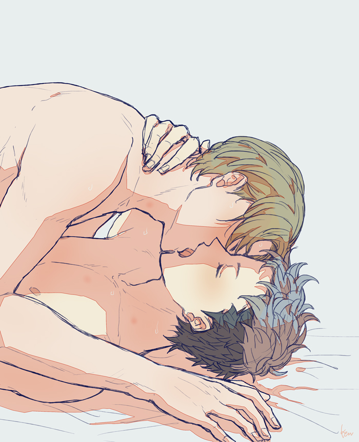 2boys akke artist_name blue_hair blush closed_eyes fire_emblem fire_emblem_echoes:_shadows_of_valentia forsyth_(fire_emblem) french_kiss green_hair kiss male_focus multiple_boys nintendo python_(fire_emblem) topless_male yaoi