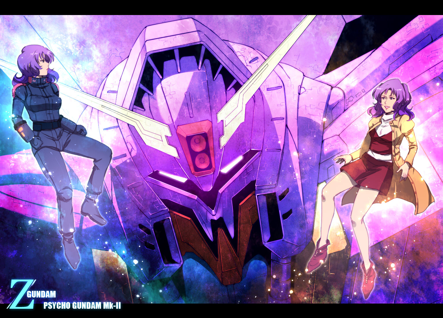 character_name copyright_name dual_persona gundam mecha pilot_suit psyco_gundam_mk_ii purple_hair robot rosamia_badam yosaku_(roach) zeta_gundam