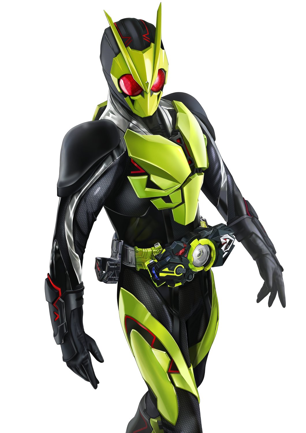 1boy armor black_bodysuit black_gloves bodysuit bug contrapposto rider_belt gloves grasshopper green_armor highres insect kamen_rider kamen_rider_01_(series) kamen_rider_zero-one male_focus masukudo_(hamamoto_hikaru) open_hands progrise_key rider_belt rising_hopper thigh_armor thighs tokusatsu zero_one_driver